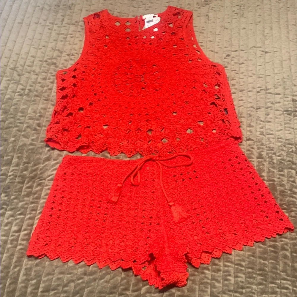Red Crochet Tank and Shorts Set - Picture 1 of 3
